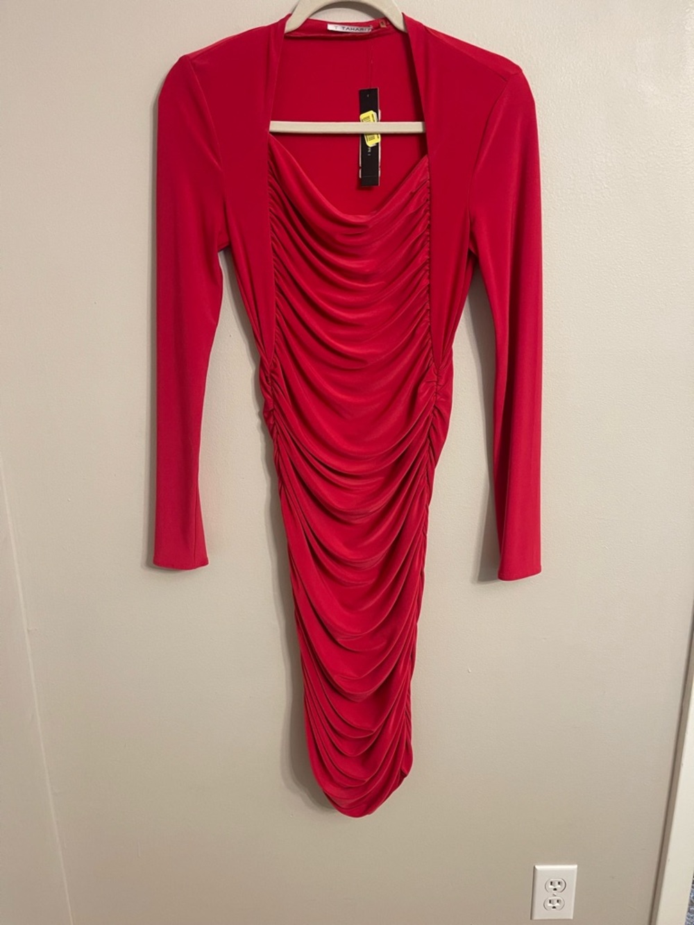 T Tahari Vibrant Red Draped Long-Sleeve Dress